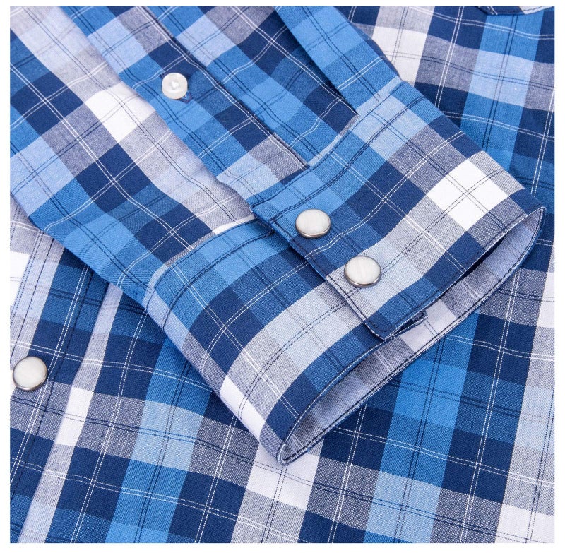 Double Pump Western Shirts for Men with Snap Buttons Regular Fit Plaid Mens Long Sleeve Shirts Casual,Blue White Check 017,Large - Image 4